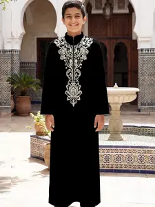 Islamic Velvet Robe for Teens, Stand Collar Long Coat, Lotus Embroidery, Multi-Occasion Wear, Eastern Aesthetic Clothing