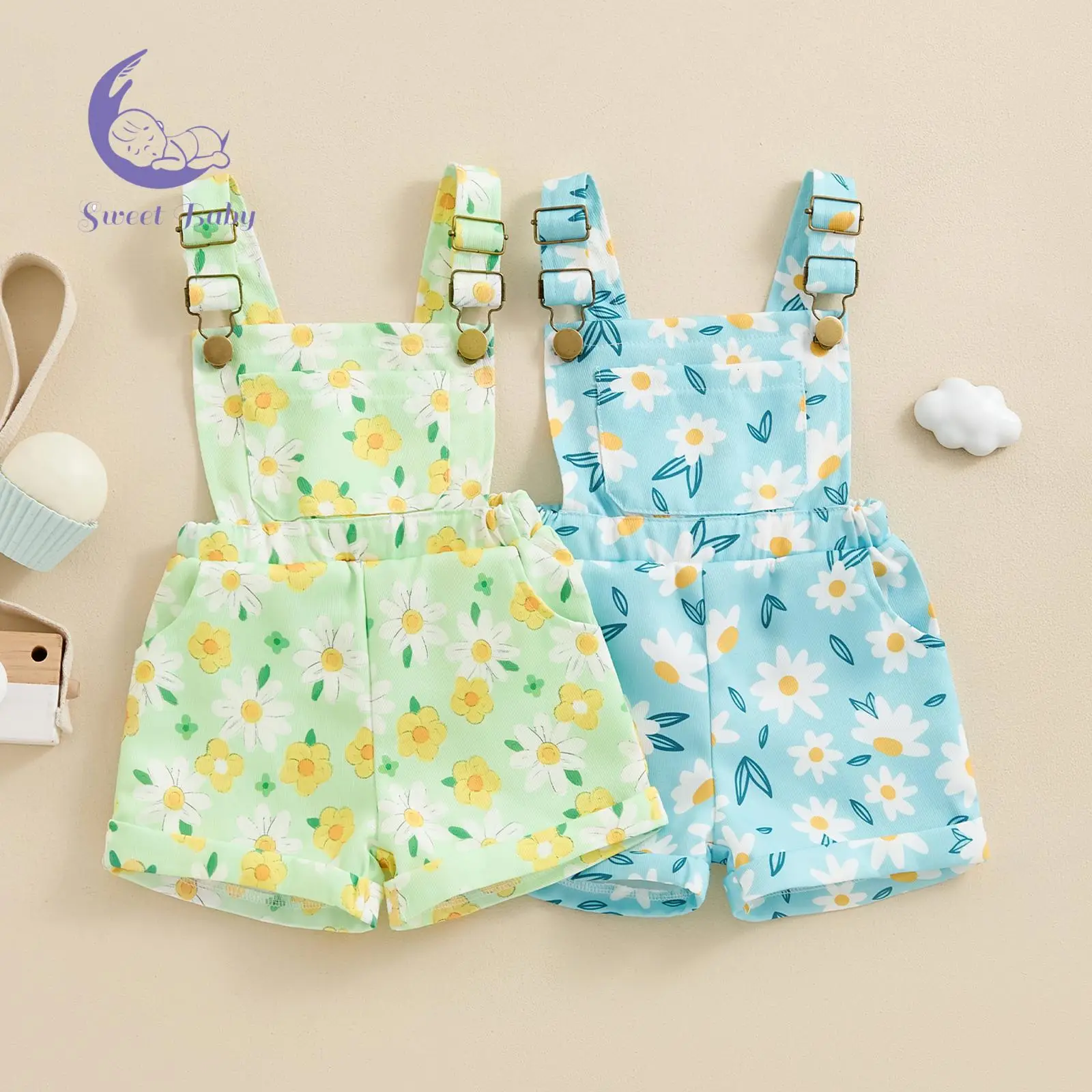 Little Girl Suspender Jumpsuit Floral Print Pocket Front Sleeveless Overalls Shorts