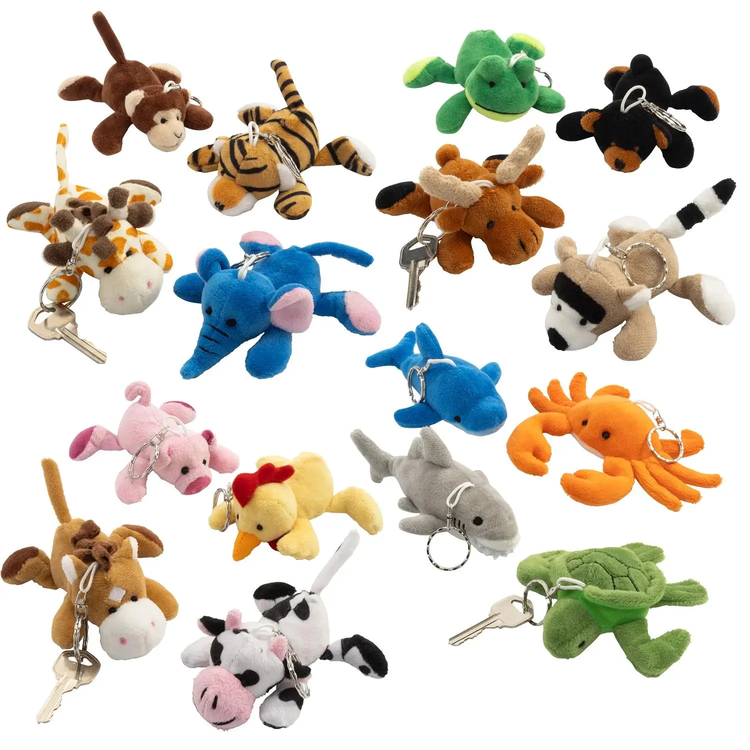 4.75" Soft Plush Mini Animal Stuffed Characters Keychain Assortment - 48 Pc., Metal Ring Clip, Colorful Set, Party Favors