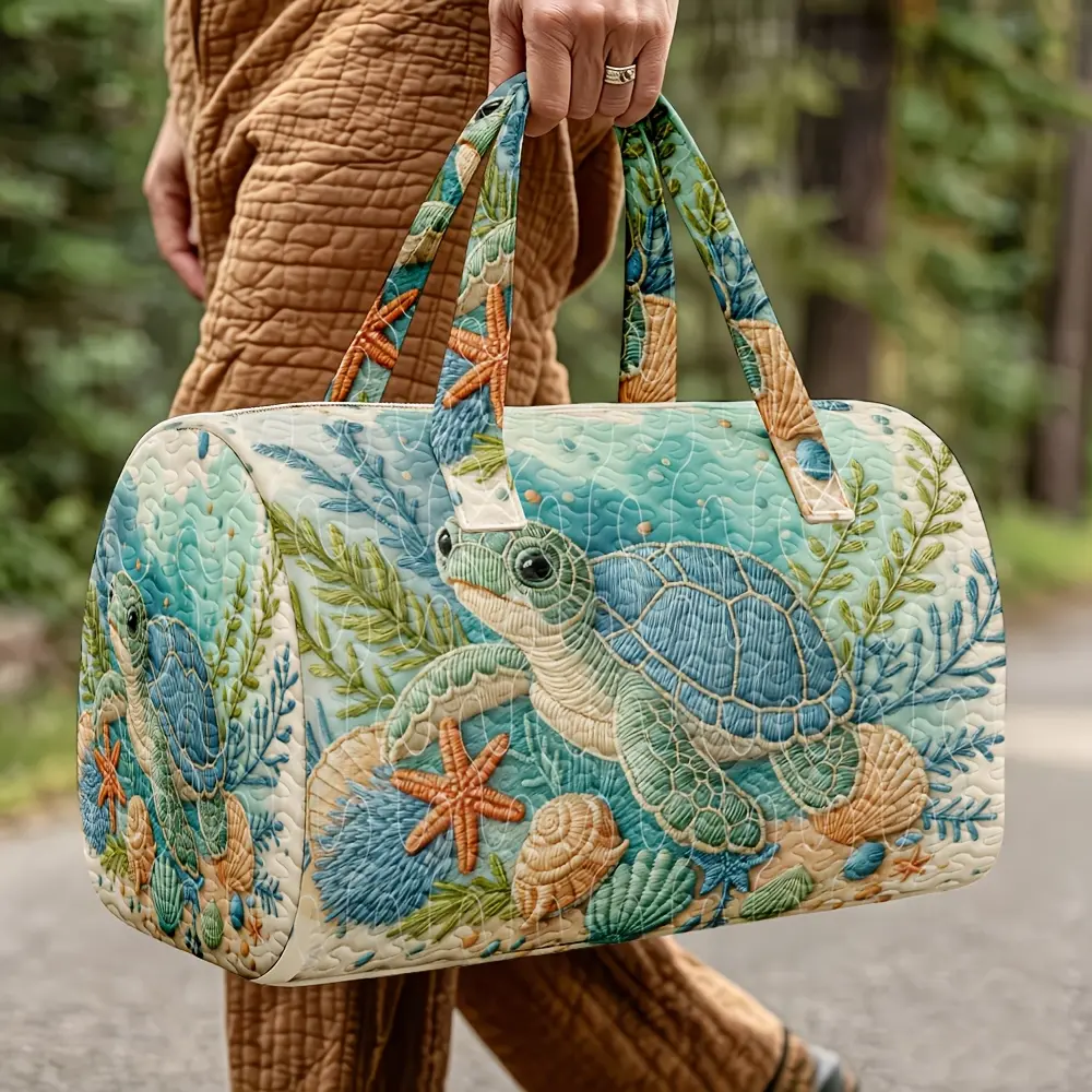 [Summer Holiday Gift] 1pc Summer Holiday Gift, Marine Fresh Sea Turtle Seagrass Shell Pattern Quilted Handbag, Marine Enthusiast Special, Weekend Outing Shopping Beach Daily Commute Perfect Companion, Lightweight Washable Durable Random Print