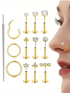 Stainless Steel Cz Nose Ring Set, Unisex Push-Button Flat Top Studs, Fashion Body Jewelry for Nasal, Ear Cartilage Piercings, Holiday Gift, Nose Piercings Kit