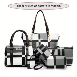 6pcs/Set Large Capacity Checkered Pattern Women Shoulder Bag with Simple Handbag, Crossbody Bag, Clutch Bag, Long & Short Wallet