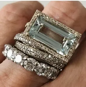 Elegant Party Essentials 3-Piece Ring Set – Bold Rectangular Statement Rings for Women, Cocktail & Banquet Wear, Luxury Engagement Style, High-End Wide Band Design, Emerald-Cut Stackable Stack, Aquamarine Inspired, Vintage Diamond Halo, Bridal Stackable,