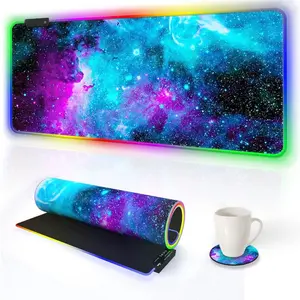 Gaming Mouse Pad Extended, Large Led Mousepad with Non-Slip Rubber Base and 14 Lighting Modes, Soft Desk Pad for Computer Keyboard, Waterproof 35.4 x 15.8 inches, Galaxy Nebula Universe
