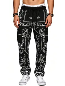 American Vintage Camo Work Pants for Men, Streetwear Drawstring Ankle-Length H-Type Loose Fit, Casual Multi-Pocket Sportswear