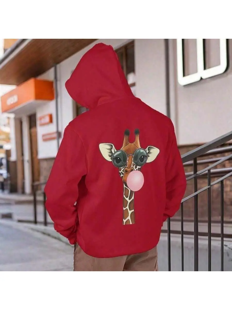 Red Hoodie With Giraffe Face Print - Cute Animal Design For Casual Wear, Outdoor Activities, And Everyday Style Unisex, Halloween Gift, Christmas Gift