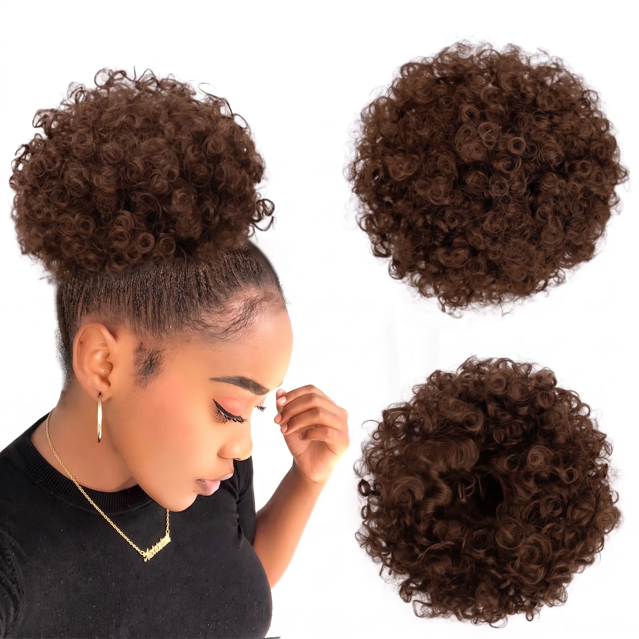 Human Hair Afro Puff Drawstring Ponytail, 2# Brown, Medium Size