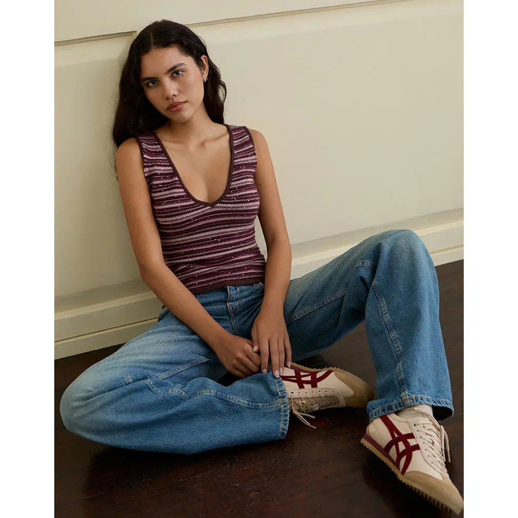Lycia Plunge Top in Glitter Knit Striped Purple