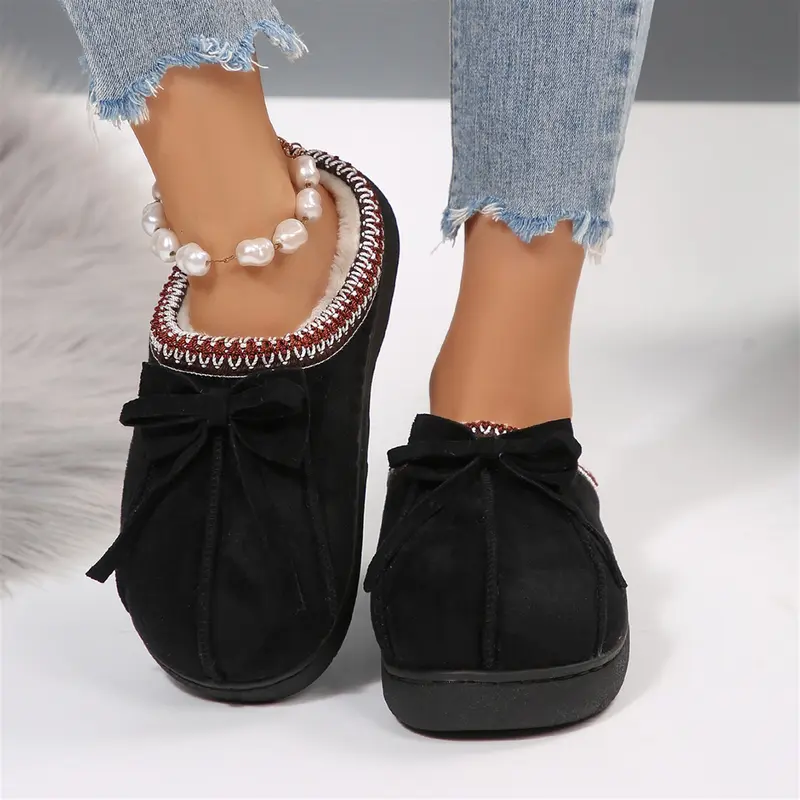 Women's Winter Warm Fuzzy Slippers Bow Accent Slip-On Thick Sole Versatile Indoor Outdoor Shoes