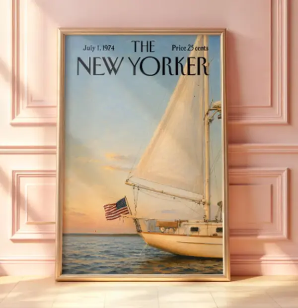 [25% OFF] [UNFRAMED]    Vintage New Yorker Sailboat Poster, Classic Yacht Wall Art, Nautical Sunset Print, Coastal Magazine Cover, Ocean Sailing Decor