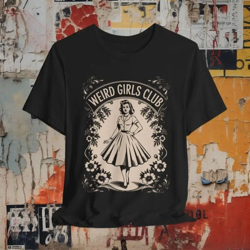 Weird Girls Club Graphic T-Shirt, Women's Gothic Grunge Retro Tee in Comfortable Cotton, Short Sleeve Apparel with Seamless Collar, Twist, Shortsleeve, Clothes, Printed, Soft, Tops