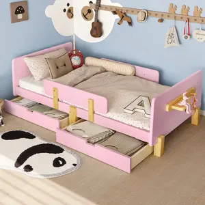 Bellemave Platform Bed with Storage Drawers Twin Size Solid Wood Frame Easy Assembly No Box Spring Needed Safe Guardrail Design