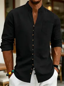 American Summer Men's Loose New Chinese Style Casual Stand Collar Button Beach Long Sleeve Shirt, Comfortable and Stylish