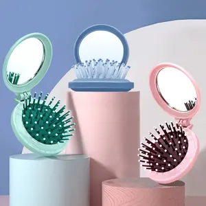 2 in 1 Folding Comb with Mirror, Portable Round Pocket Hair Brush, Travel Essentials, Styling & Massage Detangling Comb, Cute Compact Hair Accessories