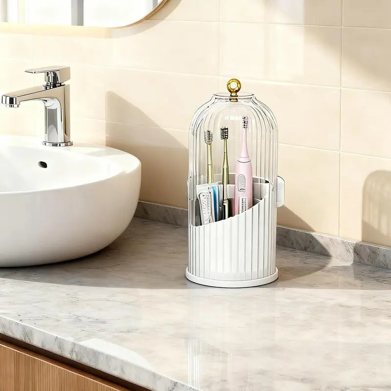 360° Spinning Toothbrush & Makeup Brush Organizer-Dustproof, Anti-Slip, Drainage Design with 3 Slots,Transparent Premium Plastic for Bathroom, Vanity &Countertop-ldeal Birthday, Valentine & Holiday Gift