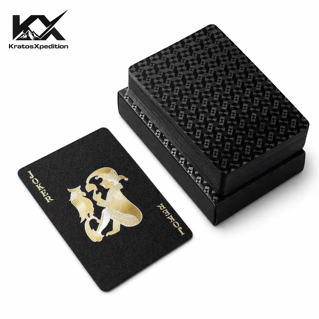 KratosXpedition Waterproof Black Plastic Playing Cards, 2 Deck Poker Cards with Cases, Luxury Aesthetic Card Deck for Pool Beach Travel, Magic Tricks & Party Games, Viral Gift Idea for Men Playingcards Durable