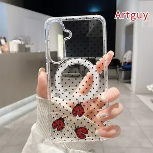 Magnetic Soft Case for Samsung Galaxy S26 Edge S23 Ultra S24 Plus FE S25 S22+ Ladybugs on Dots Pattern Anti-Yellowing Shockproof ultra-thin Silicone Crystal Transparent Acrylic Large Hole Cover Supports Wireless Charging