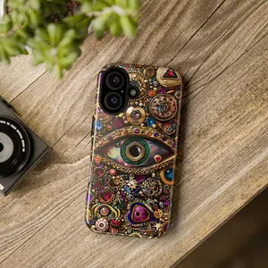Evil Eye Charm Mosaic Phone Case, Collage Design with Realistic Gold and Purple Gem Effects for iPhone 16, 15, 14, 13 12 11 Pro Max