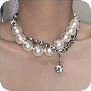Chunky Pearl Choker Necklace For Women Big Pearl Necklaces Exaggerated Large Pearl Necklaces Layered rhinestone pendant choker Statement Necklace Wedding Jewelry Gifts For Women