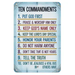 Ten Commandments Tin Sign, Vintage Religious Christian Metal Sign Print Aesthetic Room Decoration for Home Bedroom Kitchen Bar Coffee Bathroom Indoor Outdoor Wall Decor, 8 X 12 in