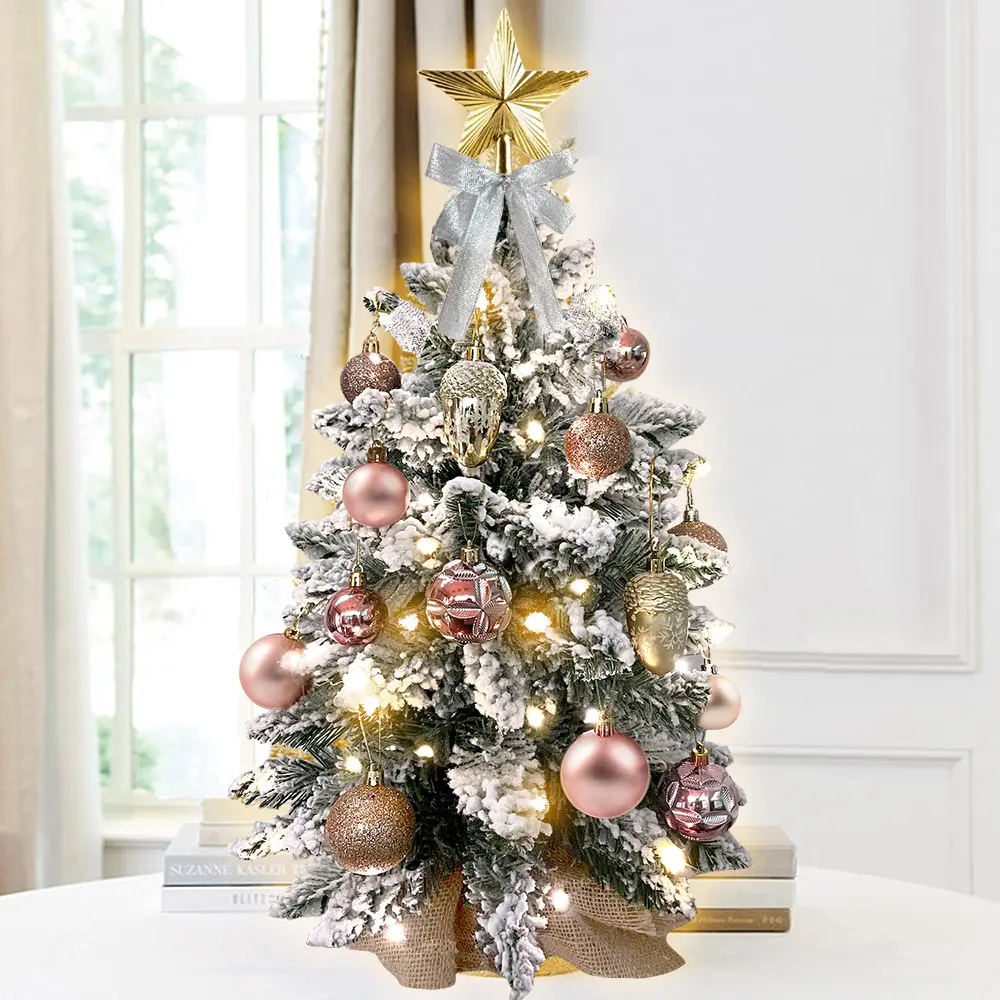 22in Mini Christmas Tree with Light Artificial Small Tabletop Xmas Tree with Christmas Decoration, Table Top Arbol de Navidad with Flocked Snow, Exquisite Decor for Home Apartment Office Desk