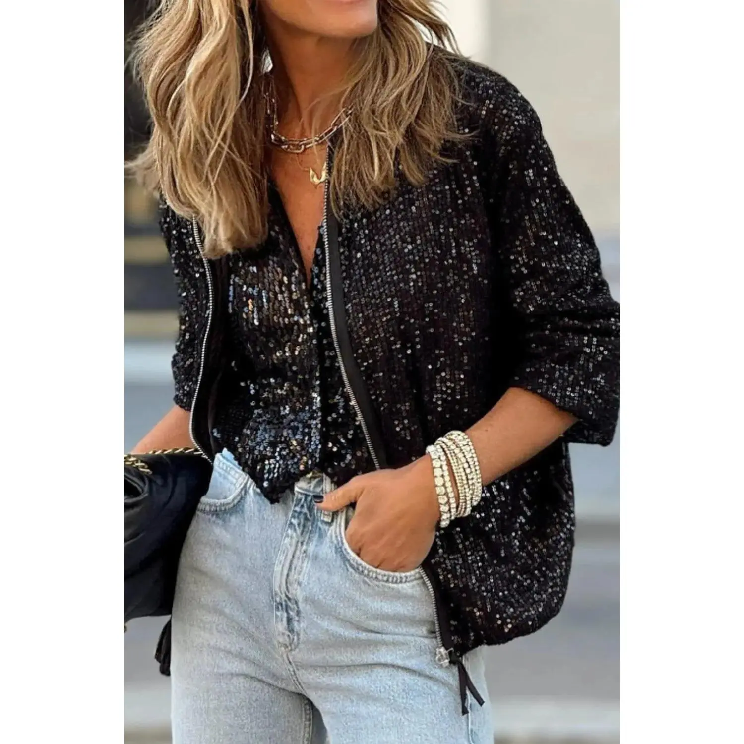 Asteria Sequin Zip Up Long Sleeve Jacket