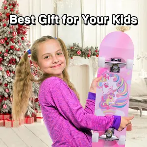 Skateboards for Beginners Kids Boys Girls Teens and Adults, 31 Inch Complete Standard Skateboards with 7-Layer Maple Double Kick Deck Unicorn and Skull Design