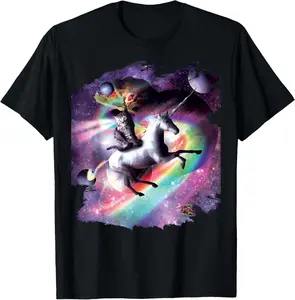 100% Cotton Space Cat Riding Unicorn - Laser, Tacos And Rainbow T-Shirt