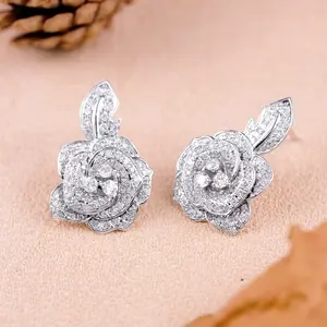 Rose Flower Earrings for Women Sparkling Crystal Stud Earrings Elegant Floral Jewelry Luxury Style Shiny Rhinestone Earrings for Wedding Gift