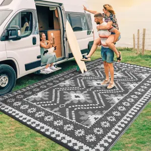 Outdoor Rug Waterproof Reversible Mat Vintage Diamond Camping Rugs Indoor Outdoor Rugs Carpet Large Area Rug Plastic Straw Rug for Patio Deck Balcony Pool RV Camping, Grey and White