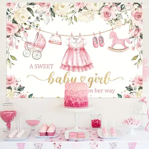 Cute Baby Party Background Cloth, Cartoon Watercolor Flowers Rose Eucalyptus Decor, Photography Backdrop, Cake Tabletop Prop