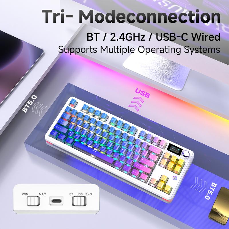 Ajazz MK87 PRO Wireless Gaming Mechanical Keyboard, Wireless/Wired/Bluetooth, ideal for gaming, computing, and office use, gaming setup,compatible with Windows/Mac/PC.