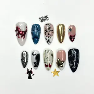 Star Girl Gothic Press On Nails | Cyber Y2K Chrome Nails | Black & Gold Star Nails | Gothic Cat Press Ons | Edgy Rockstar Nail Art