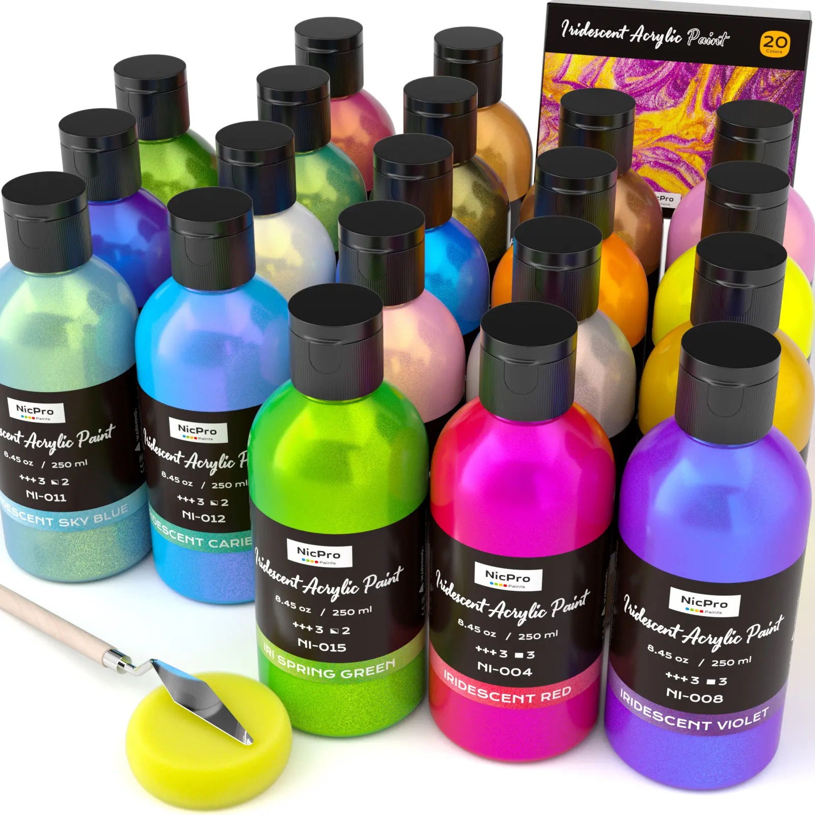 Nicpro Iridescent Acrylic Paint, 8.45oz/250ml Large Bulk Metallic Acrylic Paint, Color Shifting & Non-Toxic Art Painting Supplies For Canvas Fabric Rock Wood with Paint Knife Color Wheel Artist Bundle