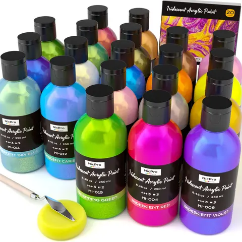 Nicpro Iridescent Metallic Art Kit - 8.45oz/250ml Bulk Pack, Nontoxic Color-Shifting Optical Pigment, Paint Knife, Color Wheel, Acrylic Drawing & Painting Supplies for Adults (Canvas, Fabric), Art Kits, Paint Kit