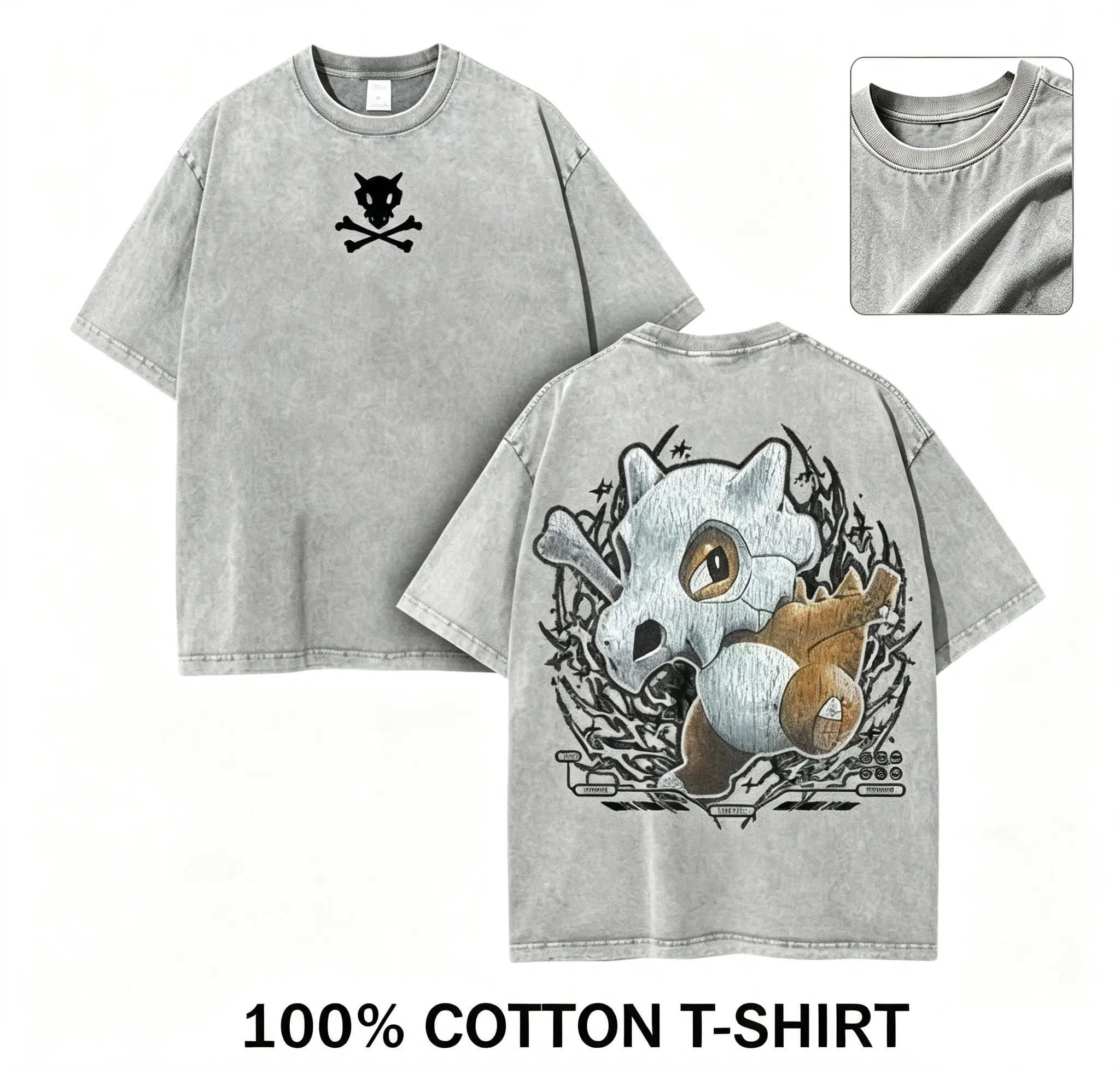 Vintage Washed 100% Cotton Oversized Loose Fit Pokemon T-Shirt - Front Cubone Skull Crossbone Logo, Back Character Graphic, Anime Streetwear Casual Daily Top