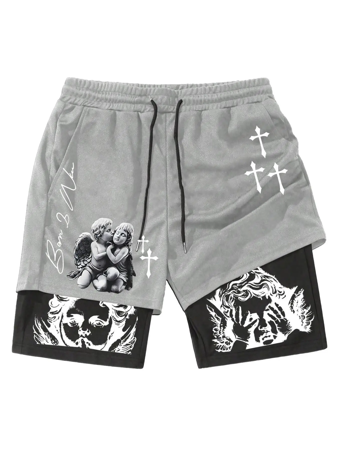 Unisex 2-in-1 Double Layer Cherub Angel & Gothic Cross Print Oversized Drawstring Athletic Shorts | Y2K Gothic High Street American Retro Streetwear Anti-Chafe Beach Shorts