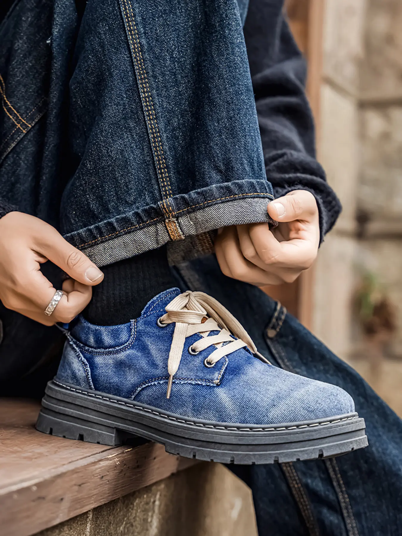 Men's Vintage Denim Blue Platform Low-Top Casual Shoes, Sneaker, Trainer, Breathable Canvas, Height-Increasing & Anti-Slip, Wear-Resistant & Durable, Trendy Versatile Workwear Shoes