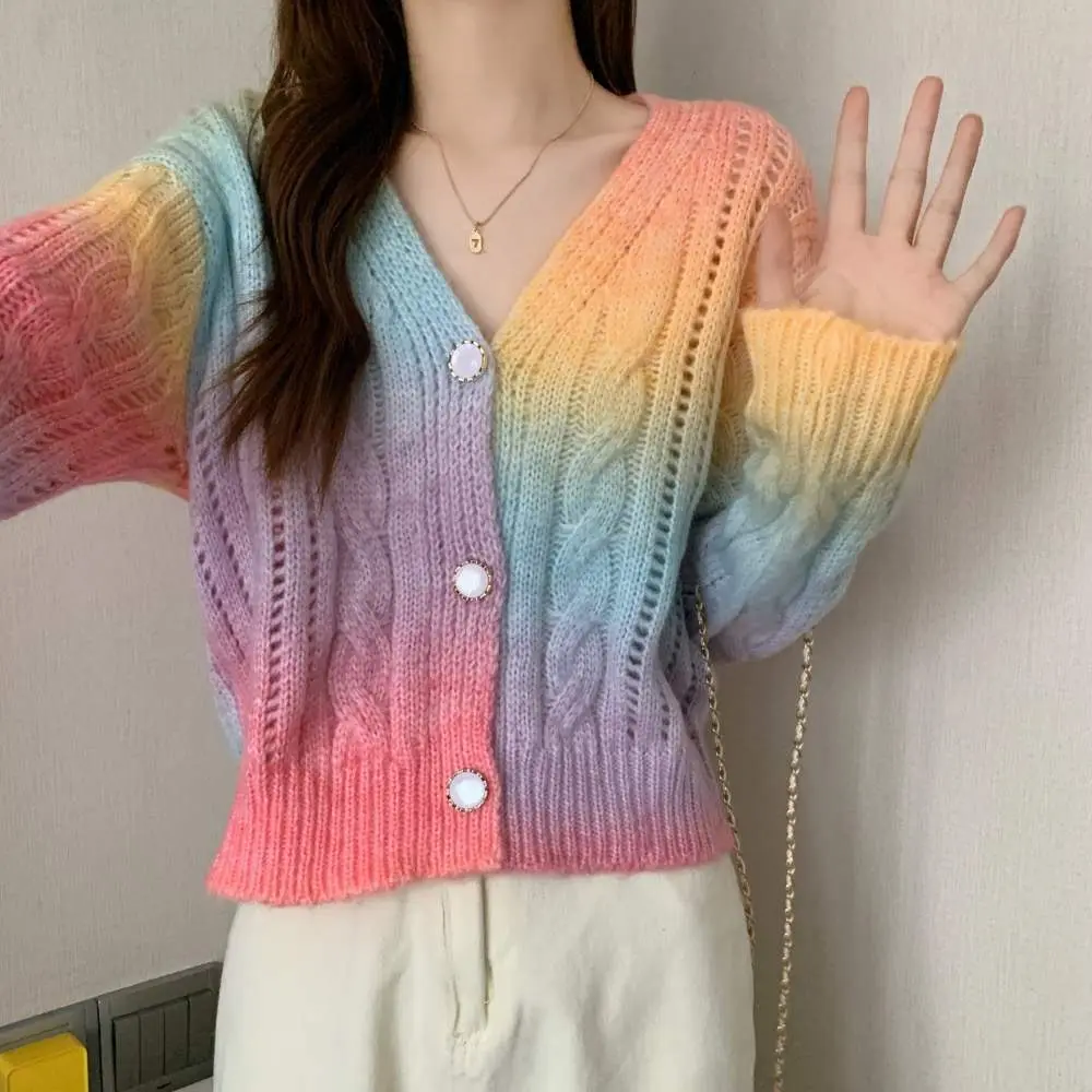 Women's Rainbow Gradient Stripe Knit Cardigan - Round Neck, Fitted, Slimming, Comfortable, Chic European-American Sweet Casual Style Fashion Knitwear, Heart-Accent Trendy Top for Skirt Pairing, Jeans, Clothes, Women's Fashion, Rainbow Stripe