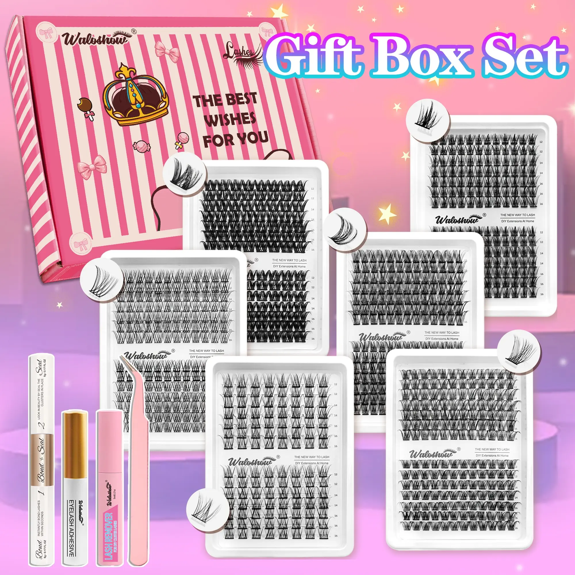 Multiple Styles Eyelash Clusters Set Eyelash Cluster Kit, Incremental Lash Extensions, Volume False Eyelashes, DIY at Home, Includes Adhesive & Sealer, 12-16mm