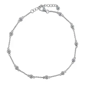 BERRICLE Sterling Silver Station Rolo Chain Station Anklet Ankle Bracelet for Women, Cubic Zirconia CZ