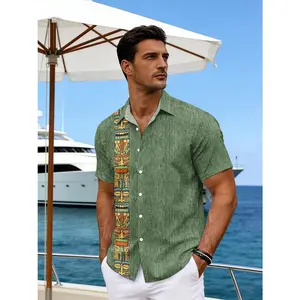 Men's ethnic-style printed short-sleeve button-down shirt -- 100% polyester fiber, lightweight and breathable, summer casual beach shirt, available in large sizes, sizes XS-9XL