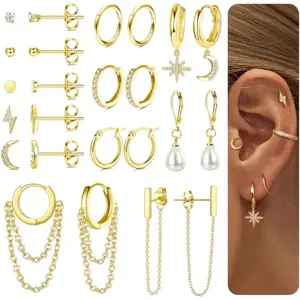 FINREZIO 12 Pairs Golden Elegant Stainless Steel Hoop Stud Earrings for Women Men Brilliant Cartilage Earring Sets Small Hoop Stud Earrings for Multiple Piercing Hypoallergenic Earrings Dainty Earring Stack