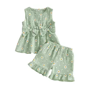Toddler Baby Girl Outfit Summer Clothes Bow Print Bowknot Smocked Camisole Tank Top Ruffle Shorts Set