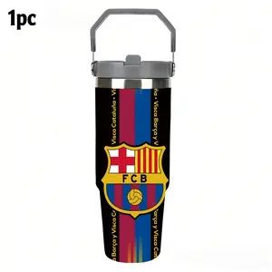 1pc 30oz stainless steel vacuum insulated tumbler, Leakproof insulated tumbler, double-wall vacuum insulation design, solid black background highlights iconic red and blue colors and golden club crest