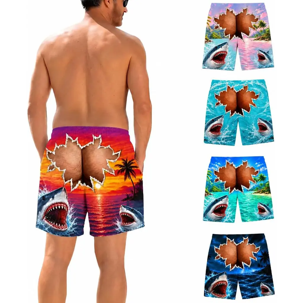 Men's Novelty Shark Sunset Rip Prank Swim Trunks - Funny Torn Butt Cutout Prank & Chill Quick Dry Beach Shorts with Pockets Drawstring - Funny Ugly Summer Hawaiian Shirt Vacation Holiday Gifts for Him Sizes 2XS-6XL