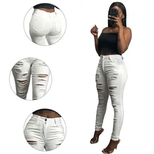 Women's High Rise White Ripped Skinny Jeans - Edgy Distressed Denim