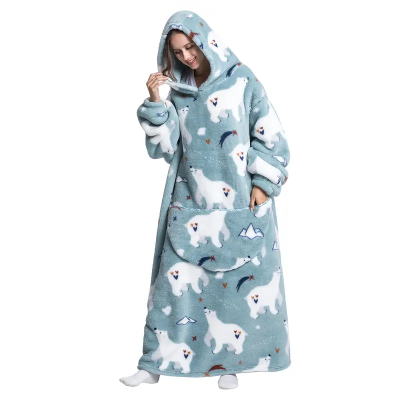 Cute Wearable Hoodie Blanket Nightgown, 1Pcs Women Men Ultra Soft Sherpa Fleece Warm Oversized Hooded Wearable Blanket With Giant Pockets
