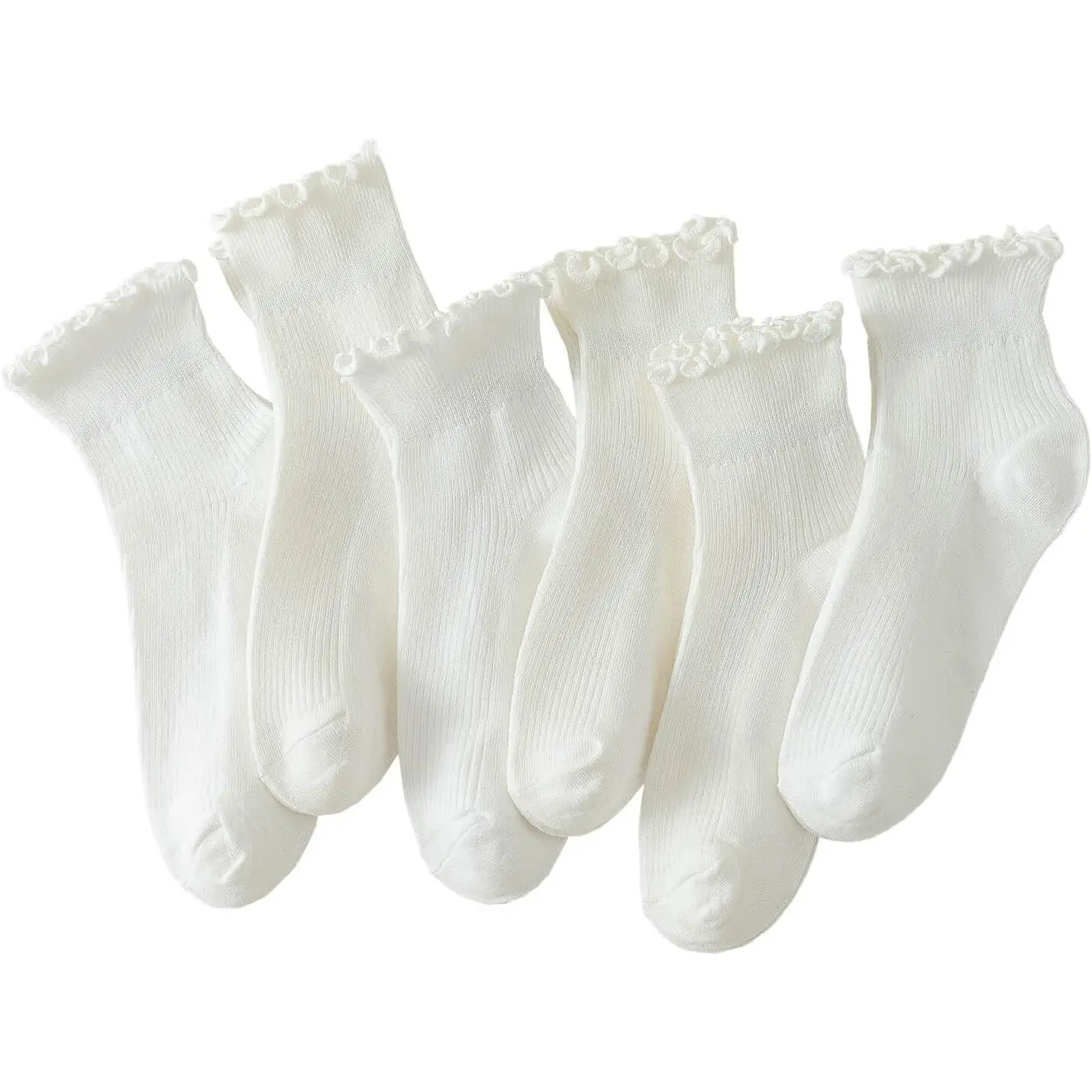 Women's 6-Pair Bundle Lacy Fold-Over Feminine Ruffle Ankle Socks, Basic Black Minimalist Winter Bridal Socks, Fold-Over Ankle Socks