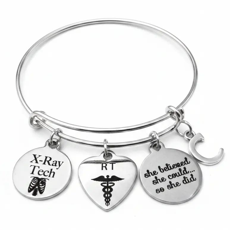 Personalized X-Ray Tech Charm Bracelet | RT Caduceus, She Believed & Custom Initial | Radiology Gift